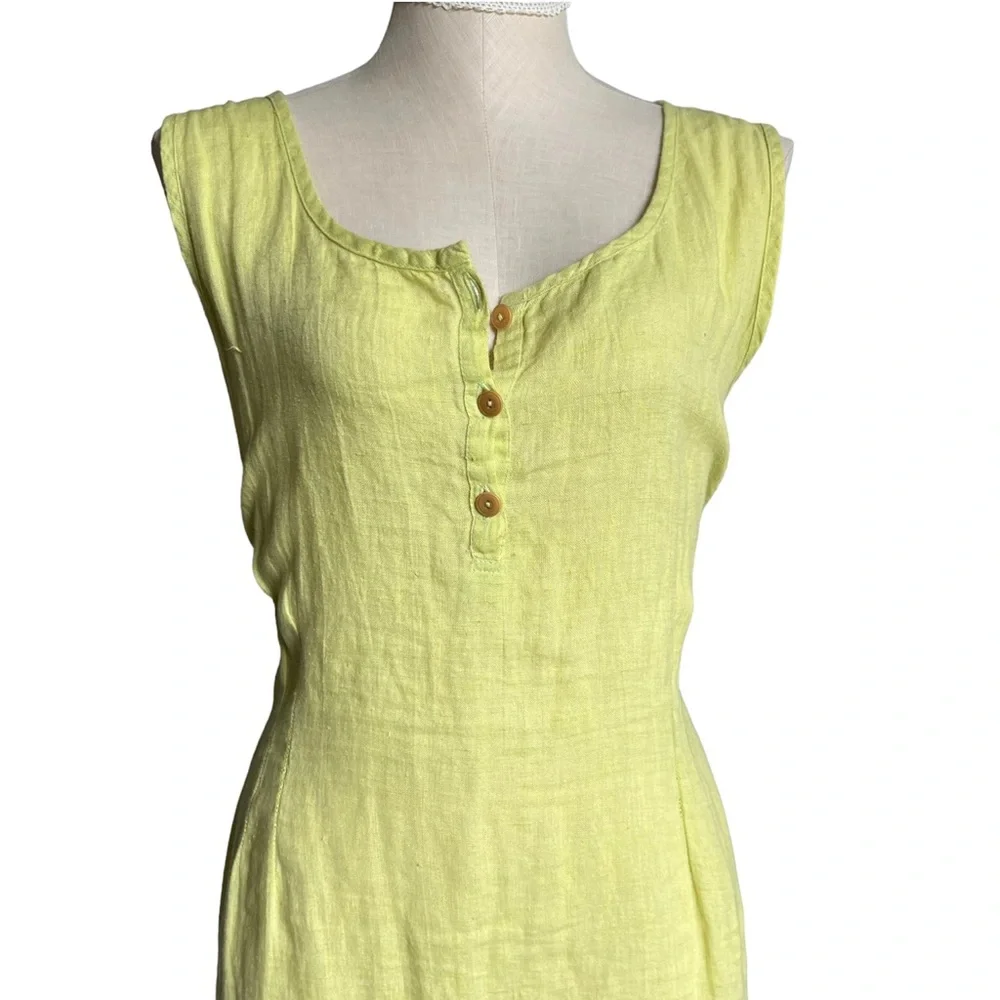Flax Linen Lime Green Chartreuse Sleeveless Three Button Maxi Dress Size Large - Picture 3 of 16
